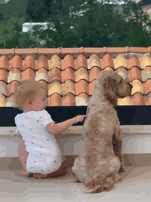 The finished painting of a child and a dog at Detail level