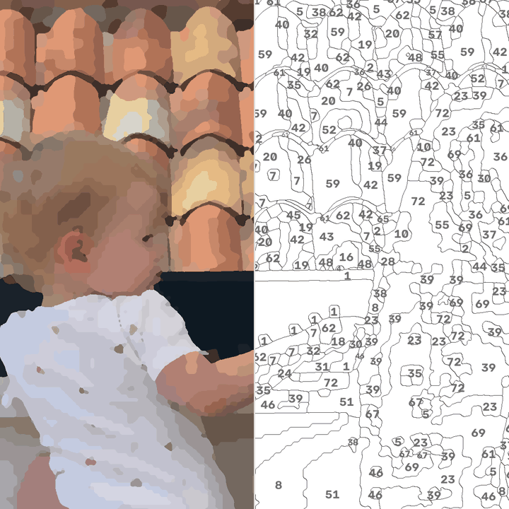 Derselbe Ausschnitt in der Stufe Detail: links ausgemalt, rechts die Vorlage mit Zahlen
