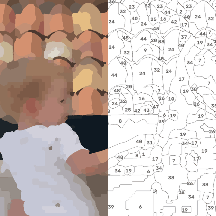 Derselbe Ausschnitt in der Stufe Starter: links ausgemalt, rechts die Vorlage mit Zahlen