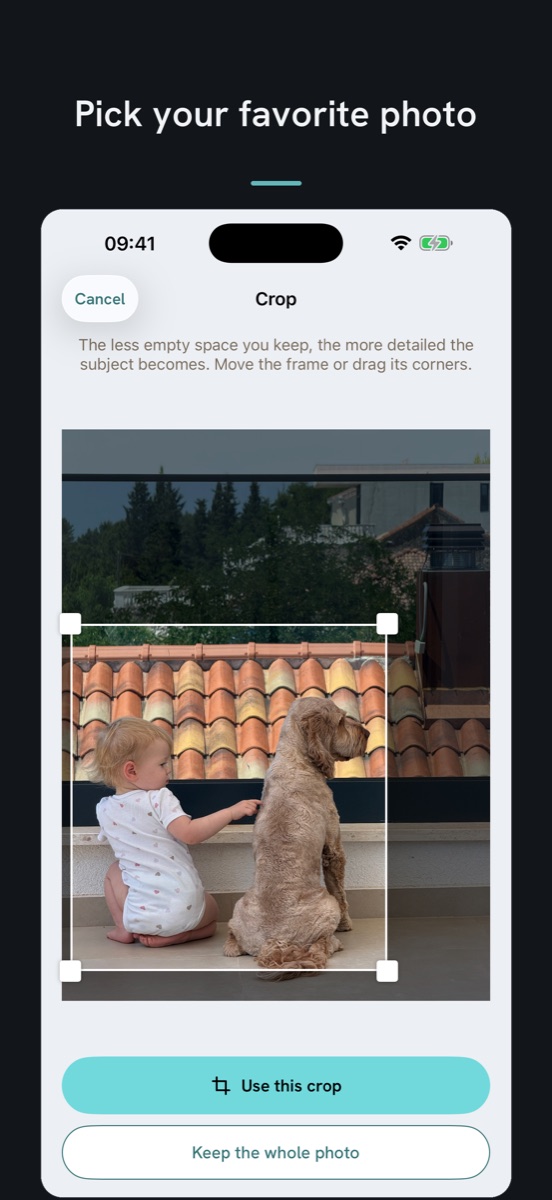 Screenshot: the crop screen with a photo of a child and a dog on a terrace and the caption “Pick your favorite photo”