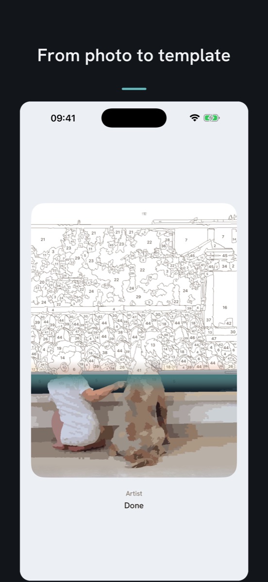 Screenshot: the conversion in progress, the numbered template spreading over the photo from the top, with the caption “From photo to template”
