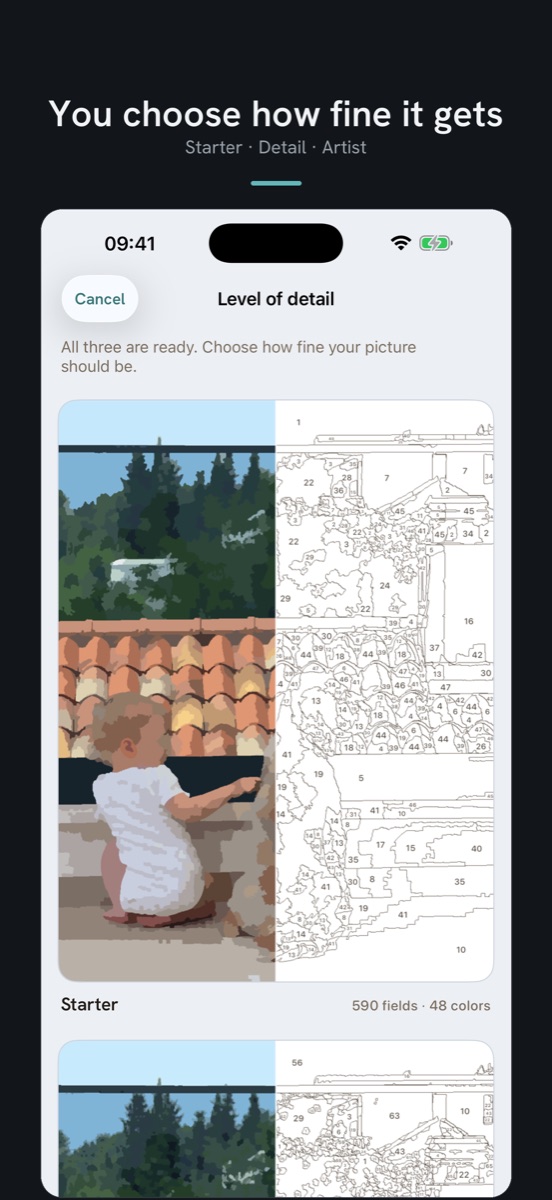 Screenshot: level of detail selection, the Starter card showing the painted result on the left and the numbered template on the right, 590 fields and 48 colours, with the caption “You choose how fine it gets”