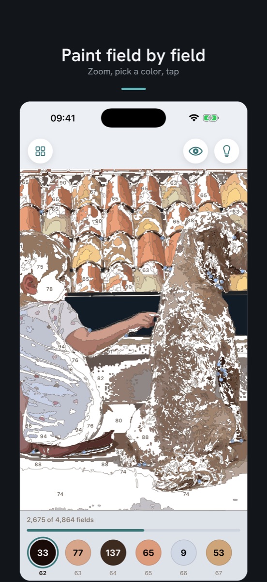 Screenshot: painting zoomed in on the numbered template, a progress bar reading 2,675 of 4,864 fields and the colour palette with counters at the bottom, with the caption “Paint field by field”