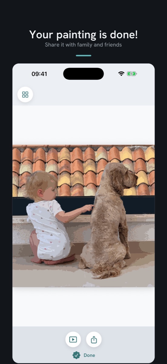 Screenshot: the finished painting of the child and the dog without numbers or outlines, with the caption “Your painting is done!”
